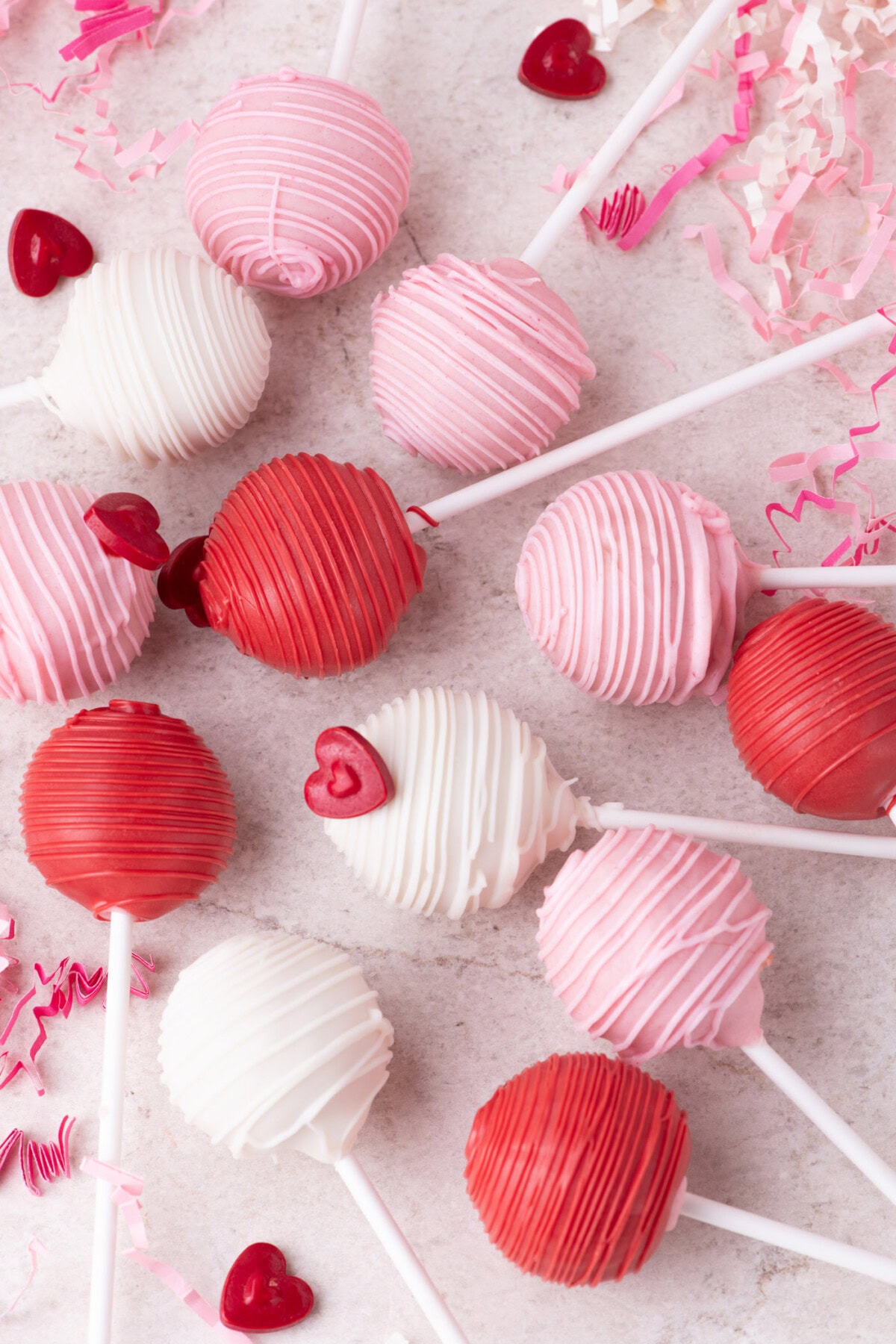 Valentine Cake Pops laying on a table