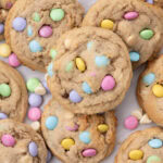 Close up photo of a pile of Easter M&M Cookies