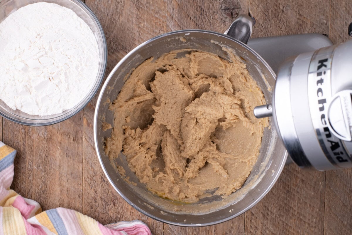 butter and sugar mixture in a stand mixer