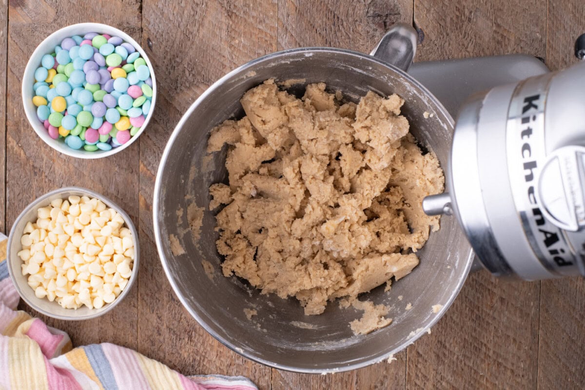 cookie dough in a stand mixer bowl