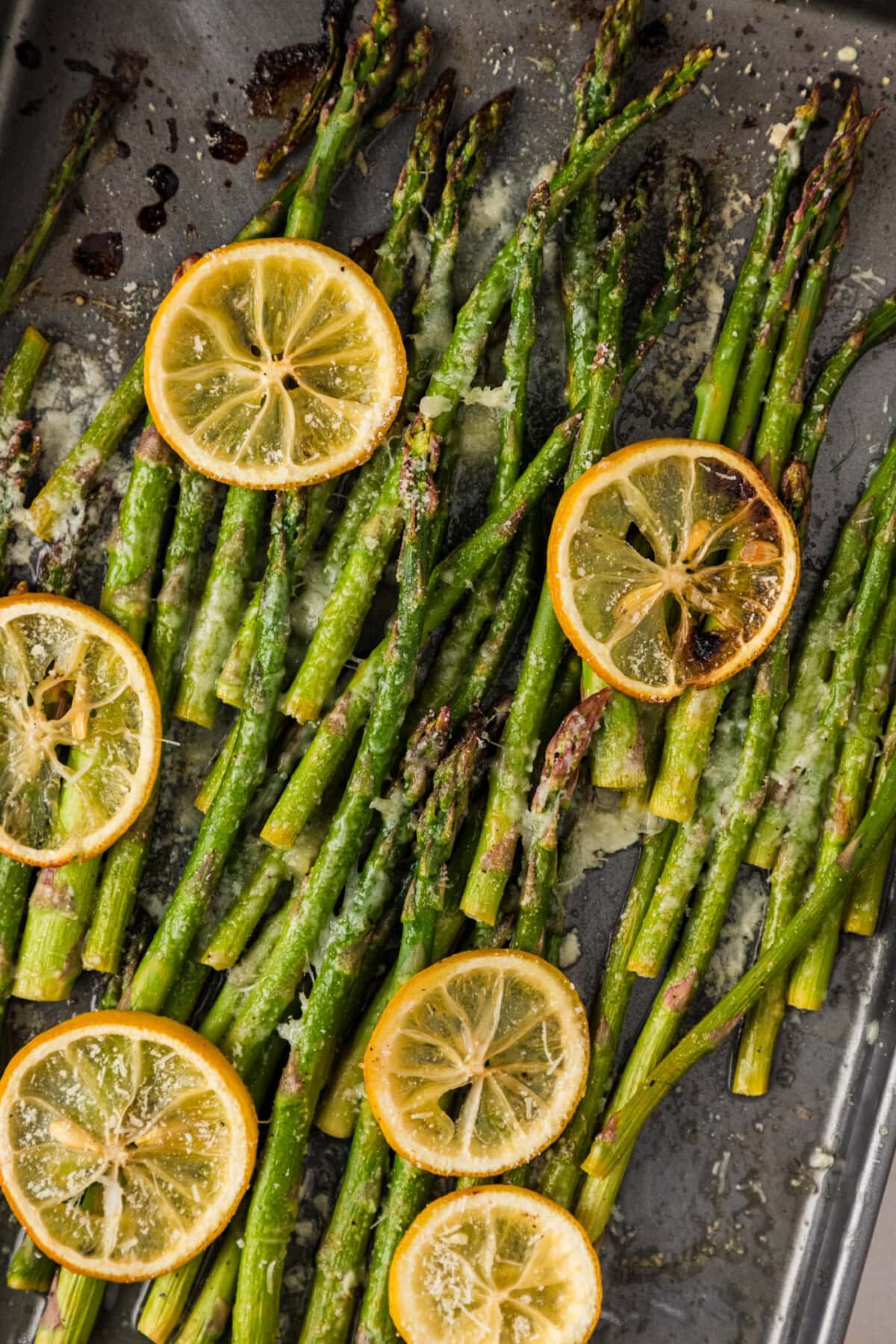 Close up photo of Lemon Asparagus on a sheet pan