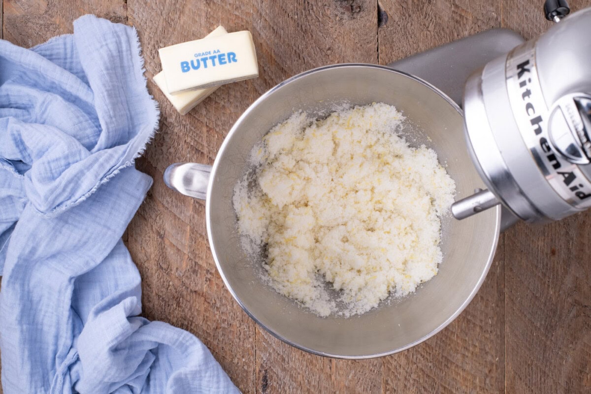 sugar and lemon zest mixture in a stand mixer