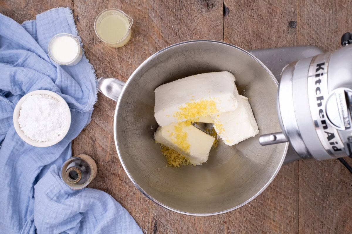 cream cheese and lemon zest in a mixer bowl
