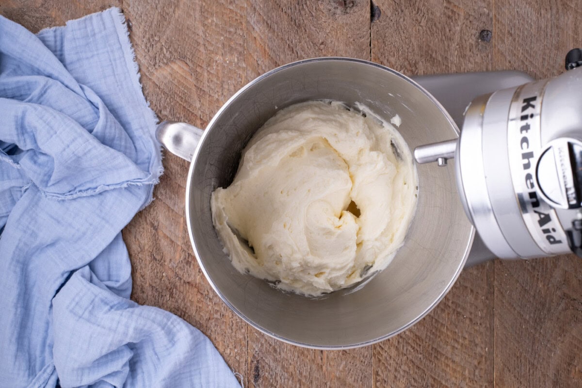 lemon cream cheese frosting in a stand mixer
