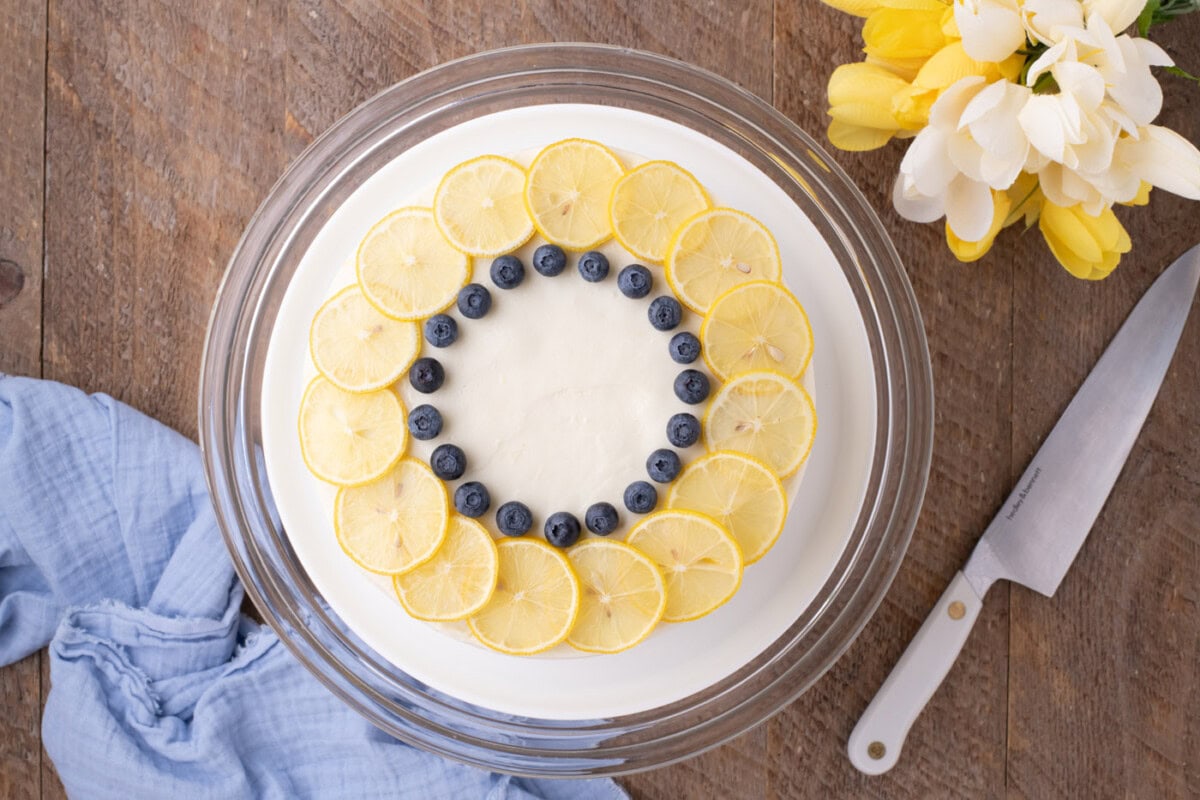 overhead of cake with lemon slices and blueberry garnish