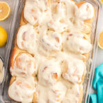 Close up photo of a pan of Lemon Sweet Rolls
