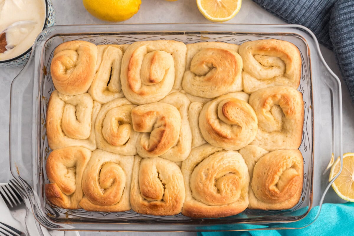 baked lemon sweet rolls in a casserole dish
