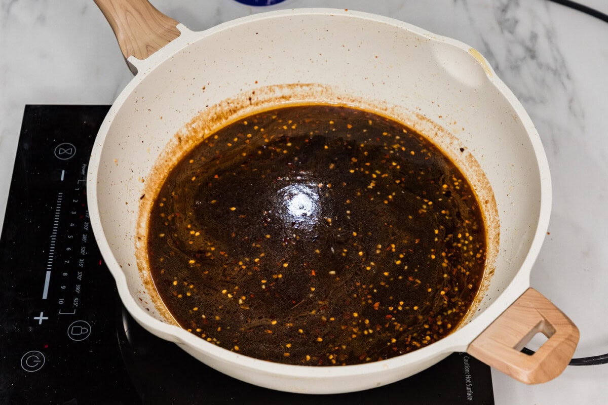 Mongolian sauce in a skillet
