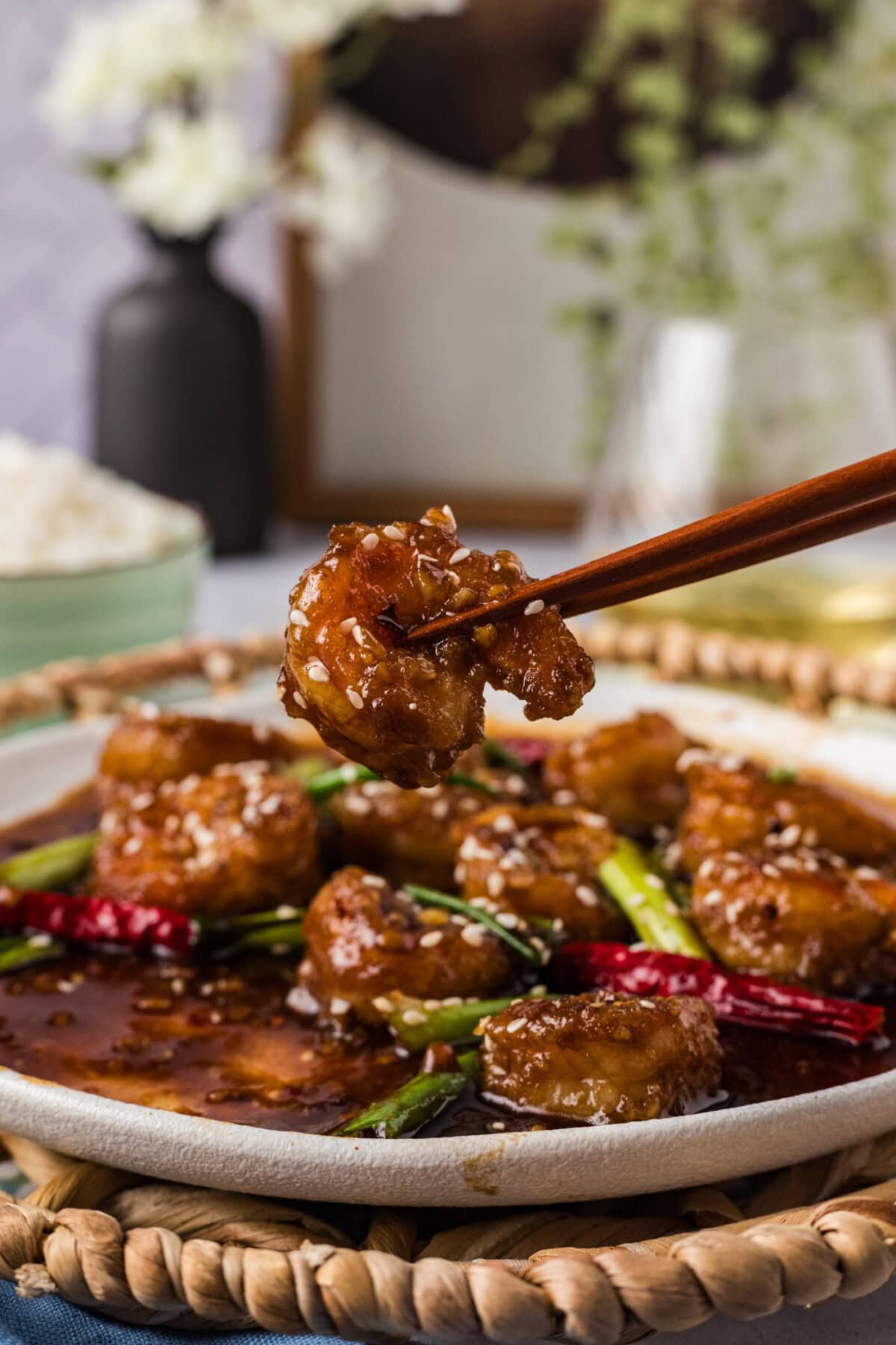 Chopsticks holding a Mongolian Shrimp