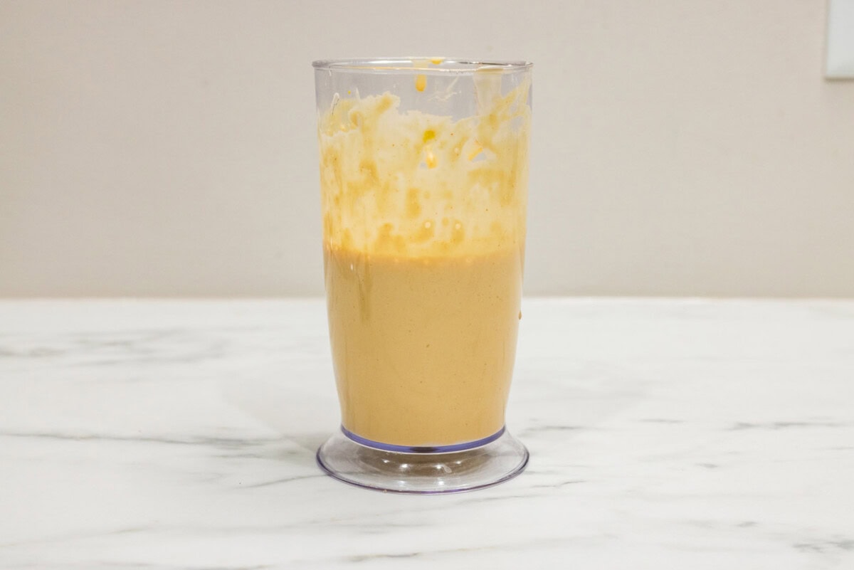 remoulade sauce mixed in an immersion blender