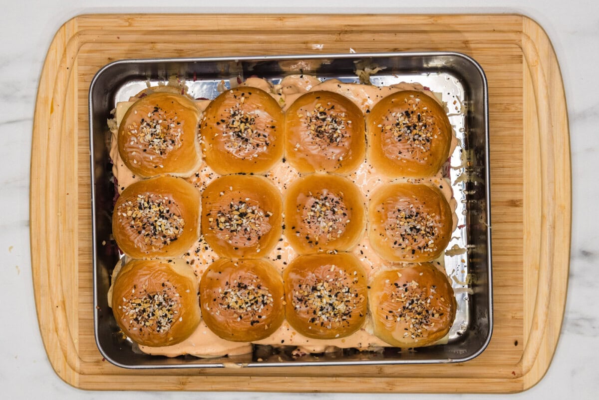 Reuben sliders topped with everything bagel seasoning