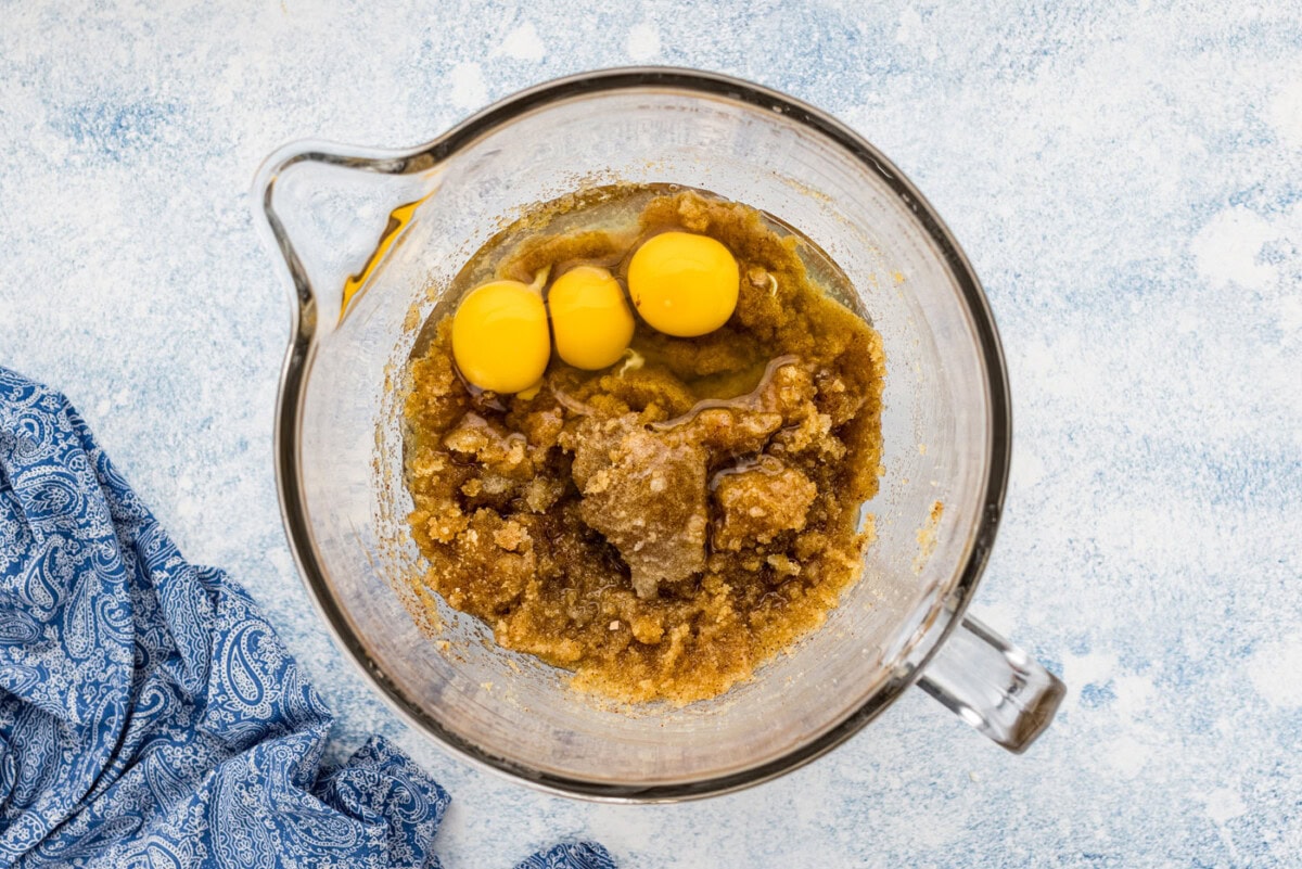eggs added to browned butter sugar mixture