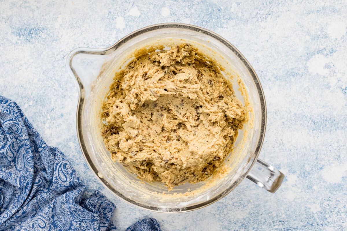 brown butter toffee blondies batter in a mixing bowl