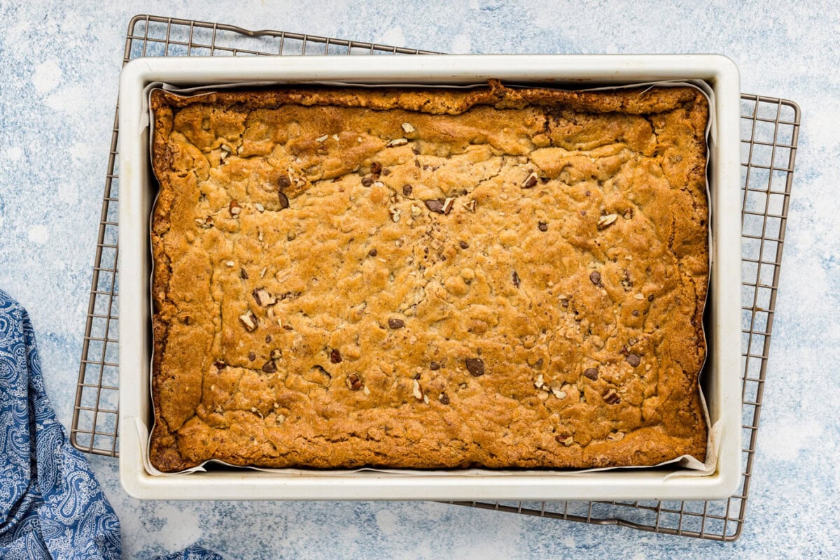 overhead of baked brown butter toffee blondies in a pan
