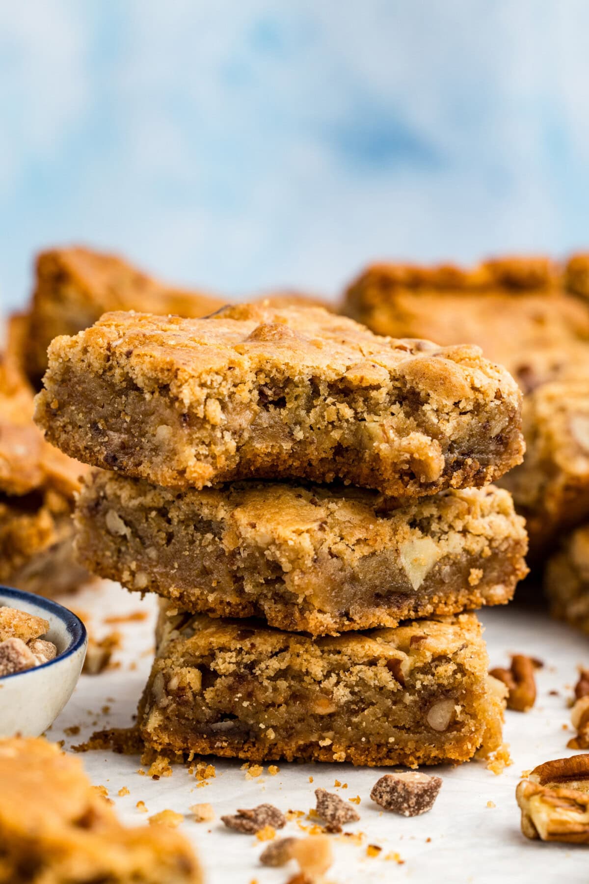 Stack of three Brown Butter Chocolate Toffee Blondies