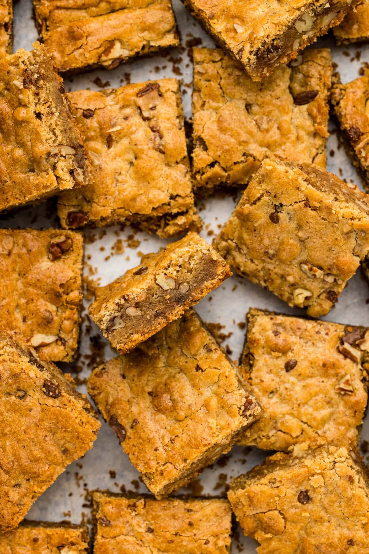 Brown Butter Chocolate Toffee Blondies piled on top of each other