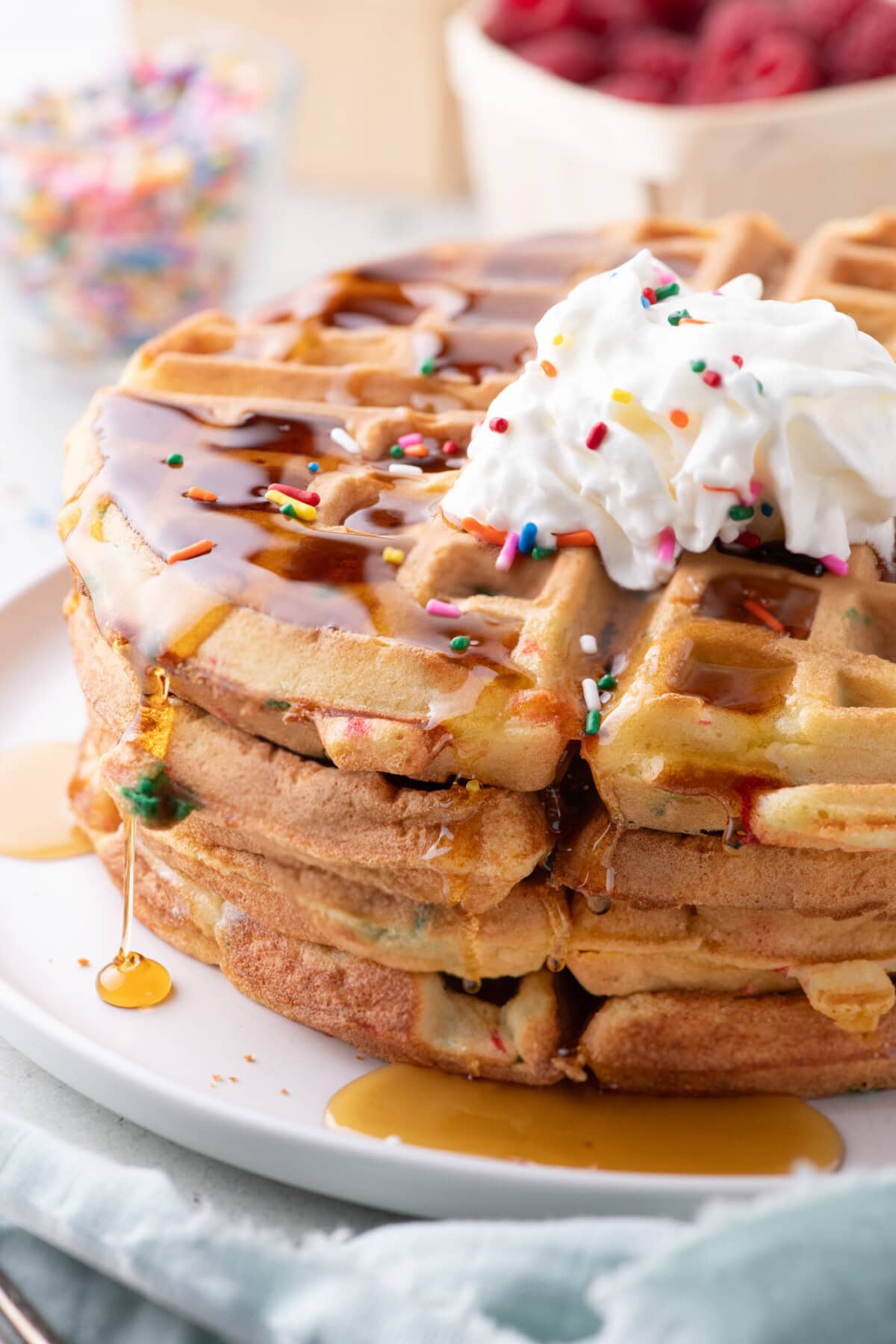 Close up photo of a stack of Cake Mix Waffles