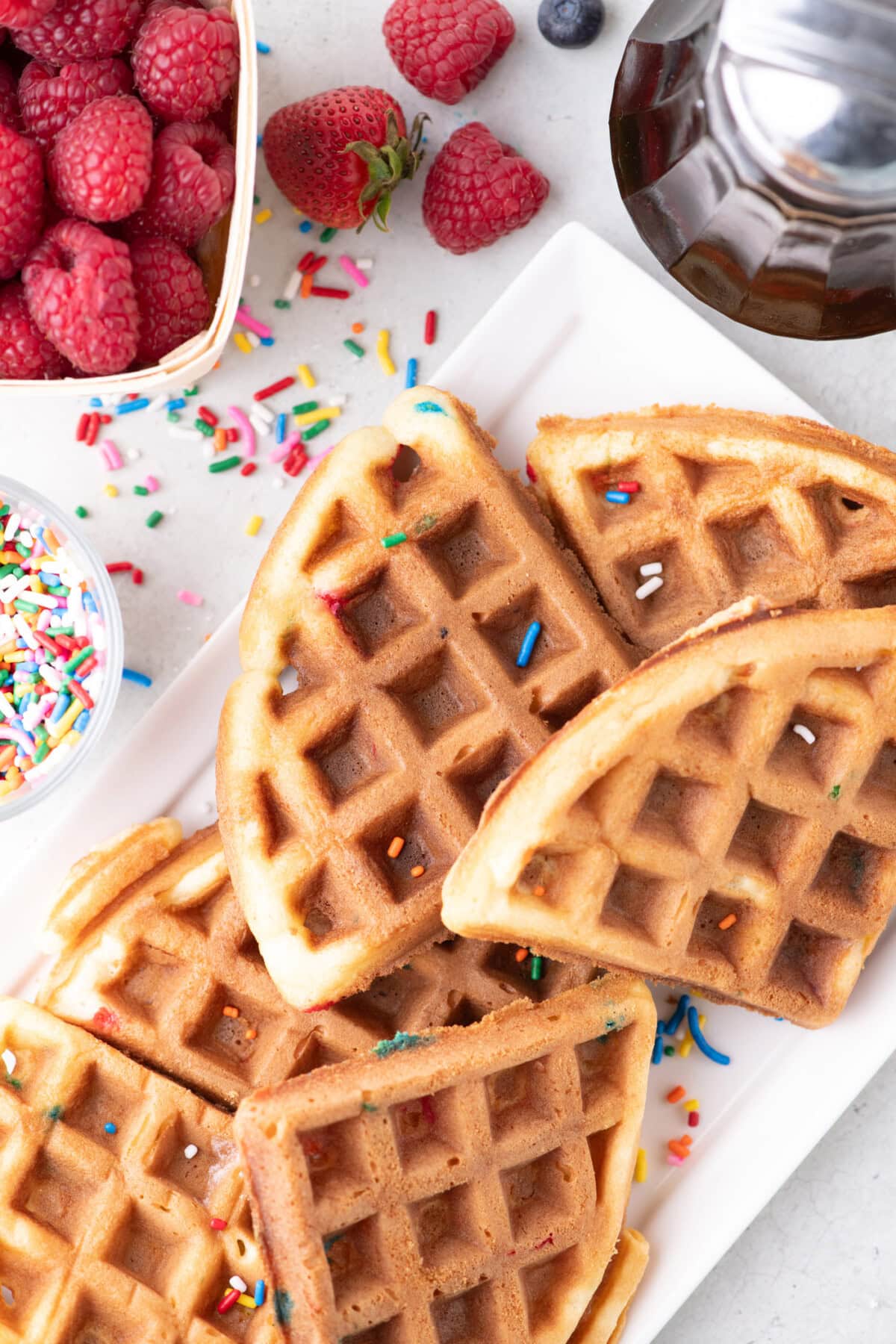 Cake Mix Waffles cut into triangles on a platter