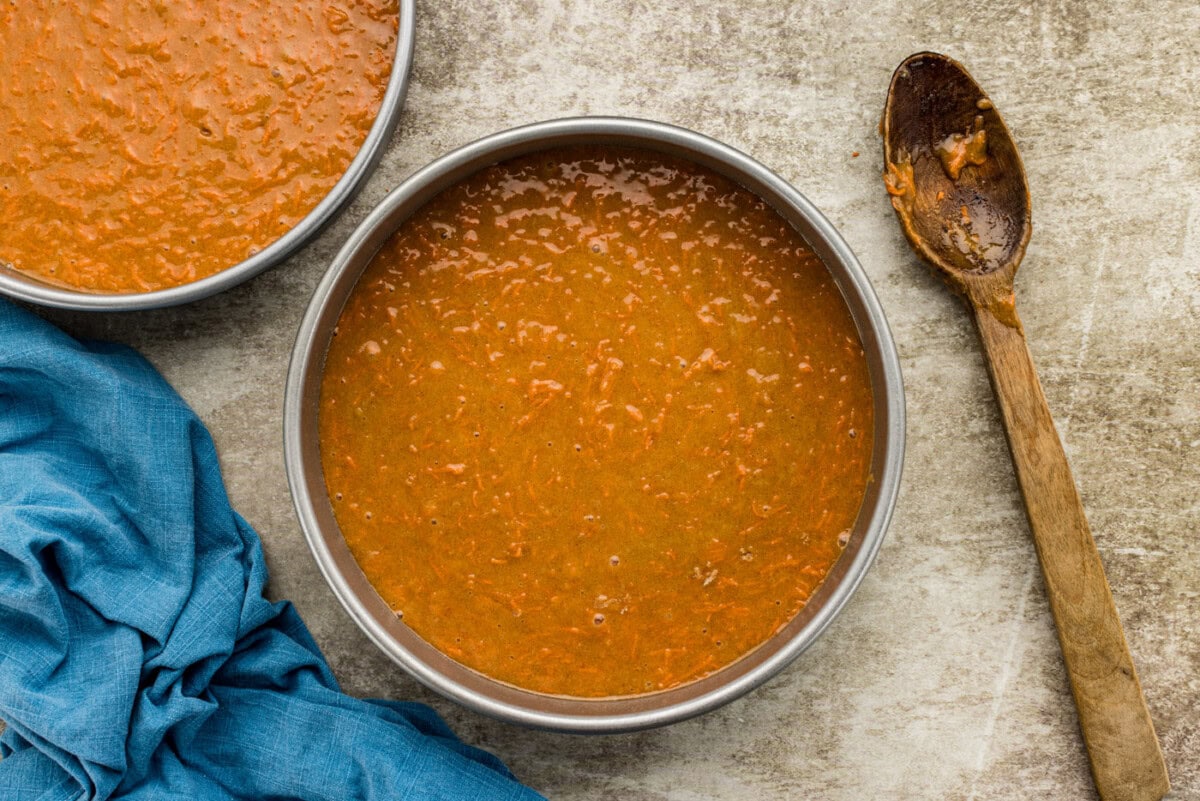 carrot cake batter in a baking pan