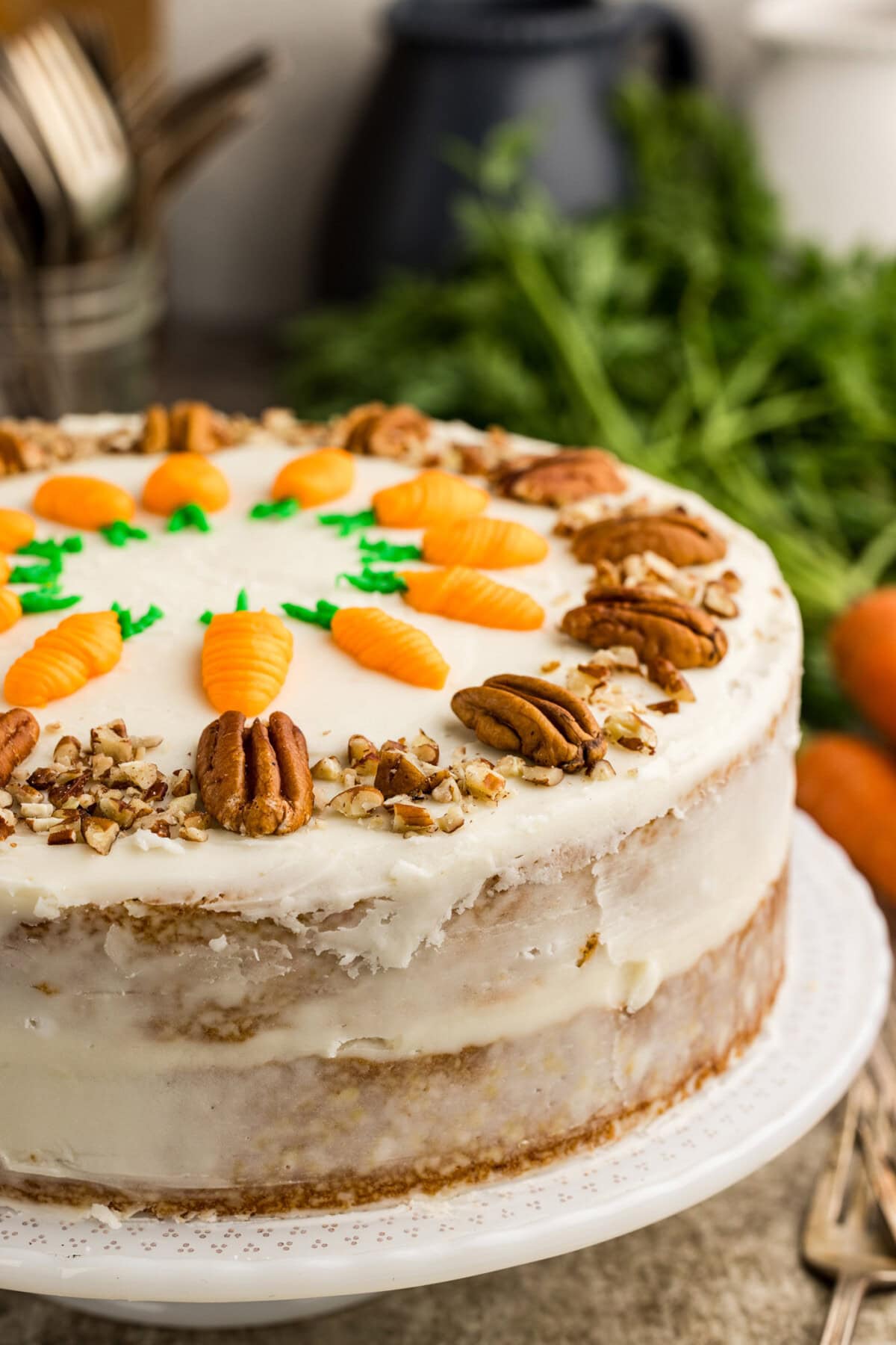 Close up photo of Carrot Cake on a cake stand