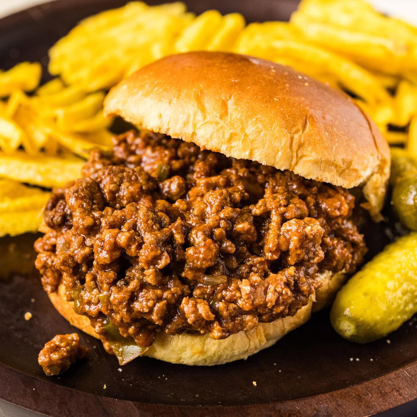 Close up photo of a Crockpot Sloppy Joe sandwich