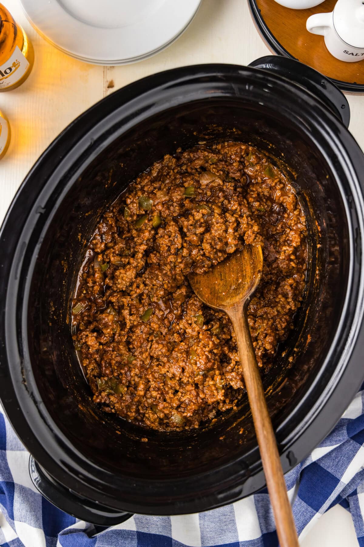 Spoon in a Crockpot of Sloppy Joes 
