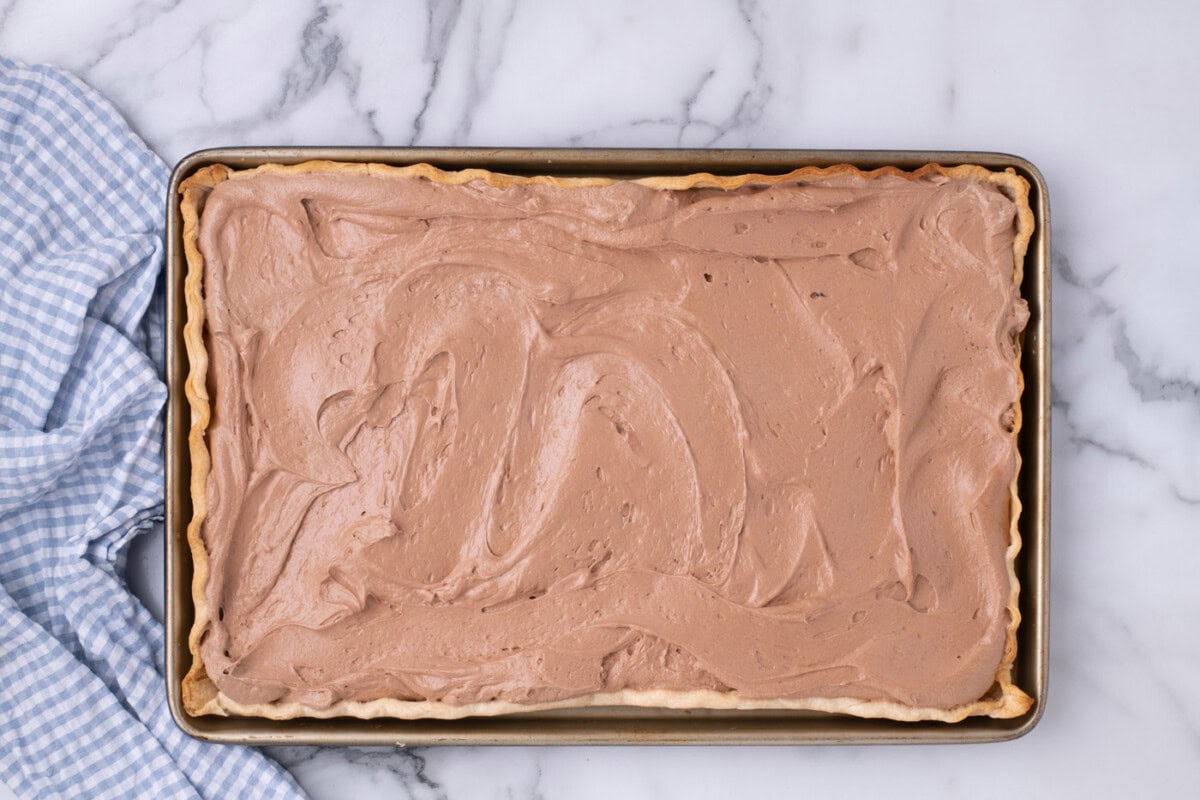 French silk pie filling in a jelly roll pan