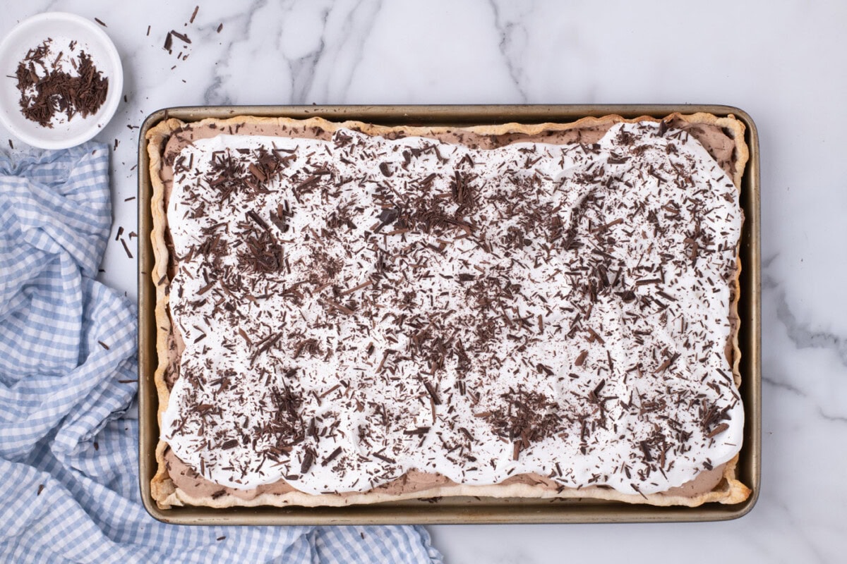 overhead of French silk slab pie with chocolate shavings