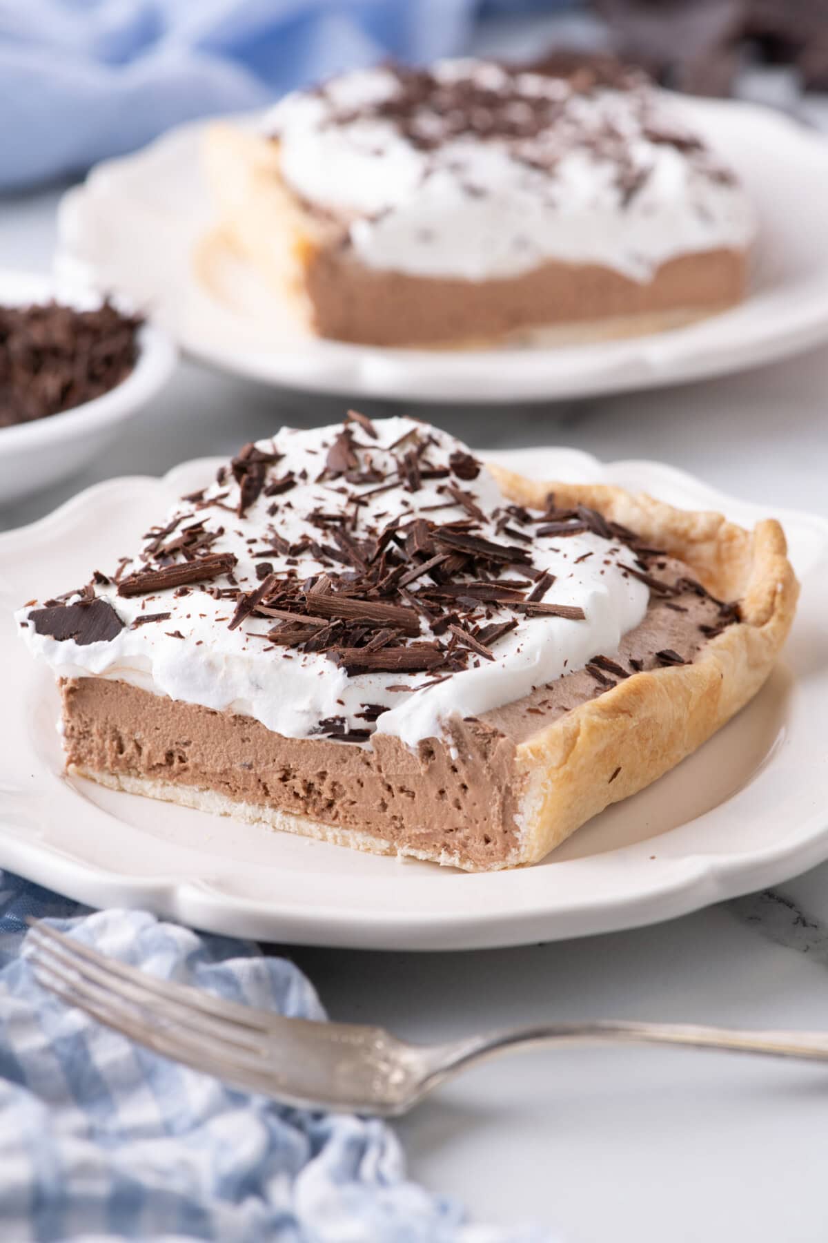 Slice of French Silk Slab Pie on a plate