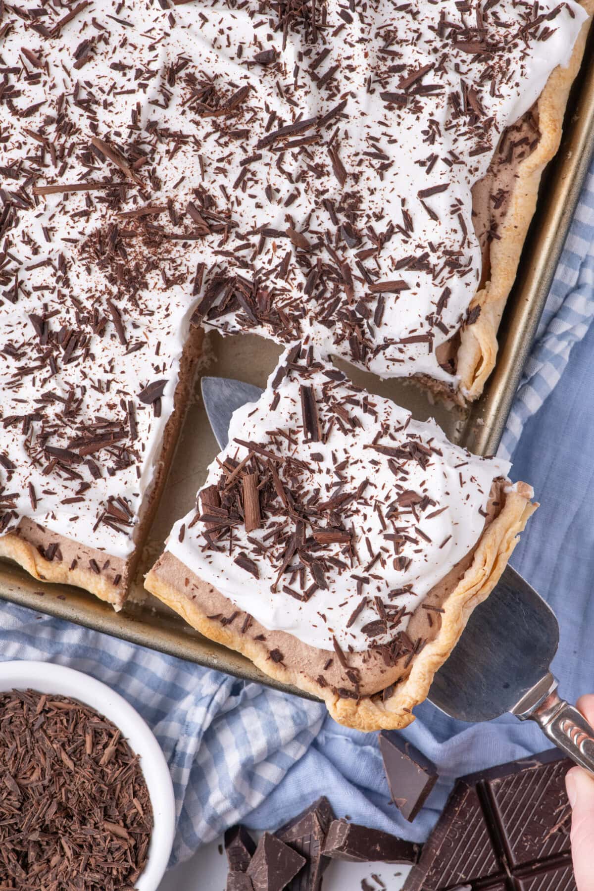 Slice being removed from a French Silk Slab Pie