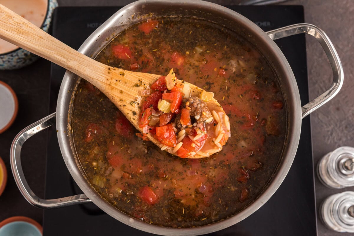 spoonful of sausage orzo soup