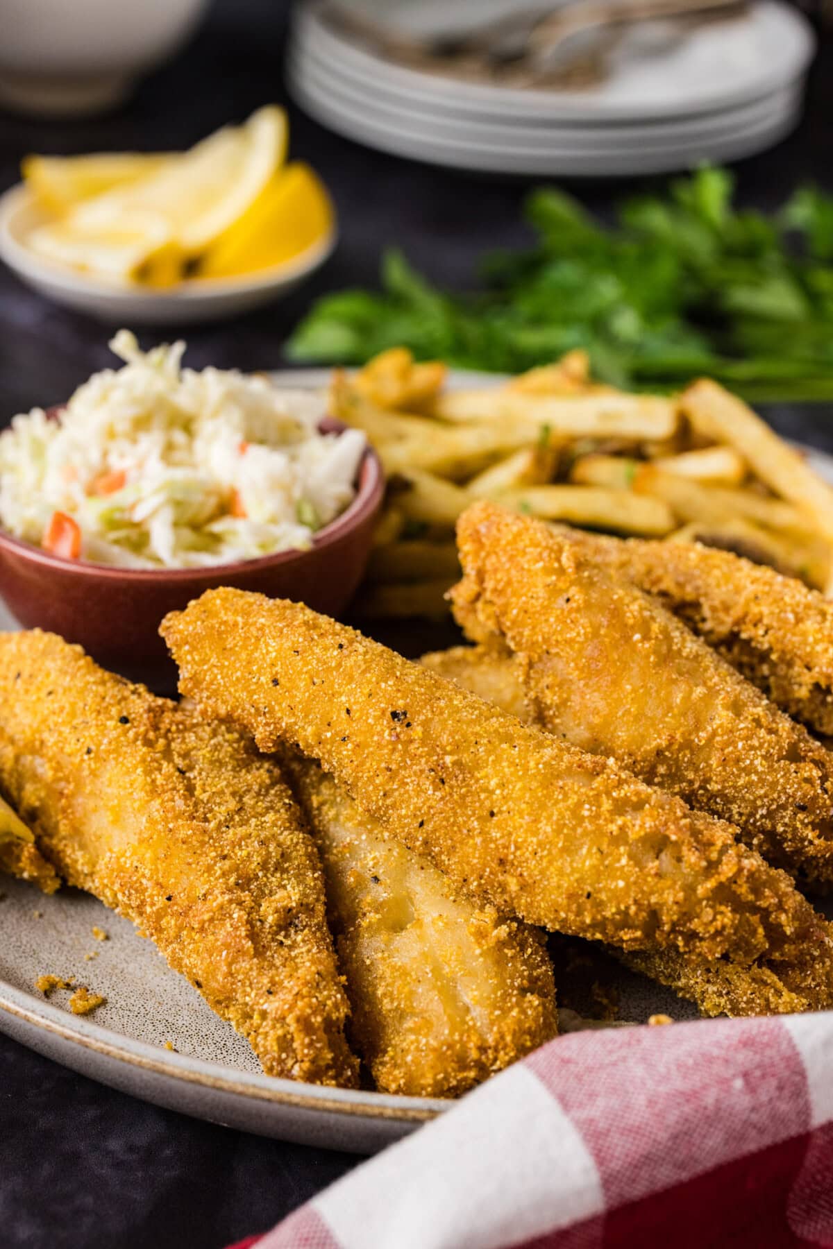 Fried Perch piled on a plate