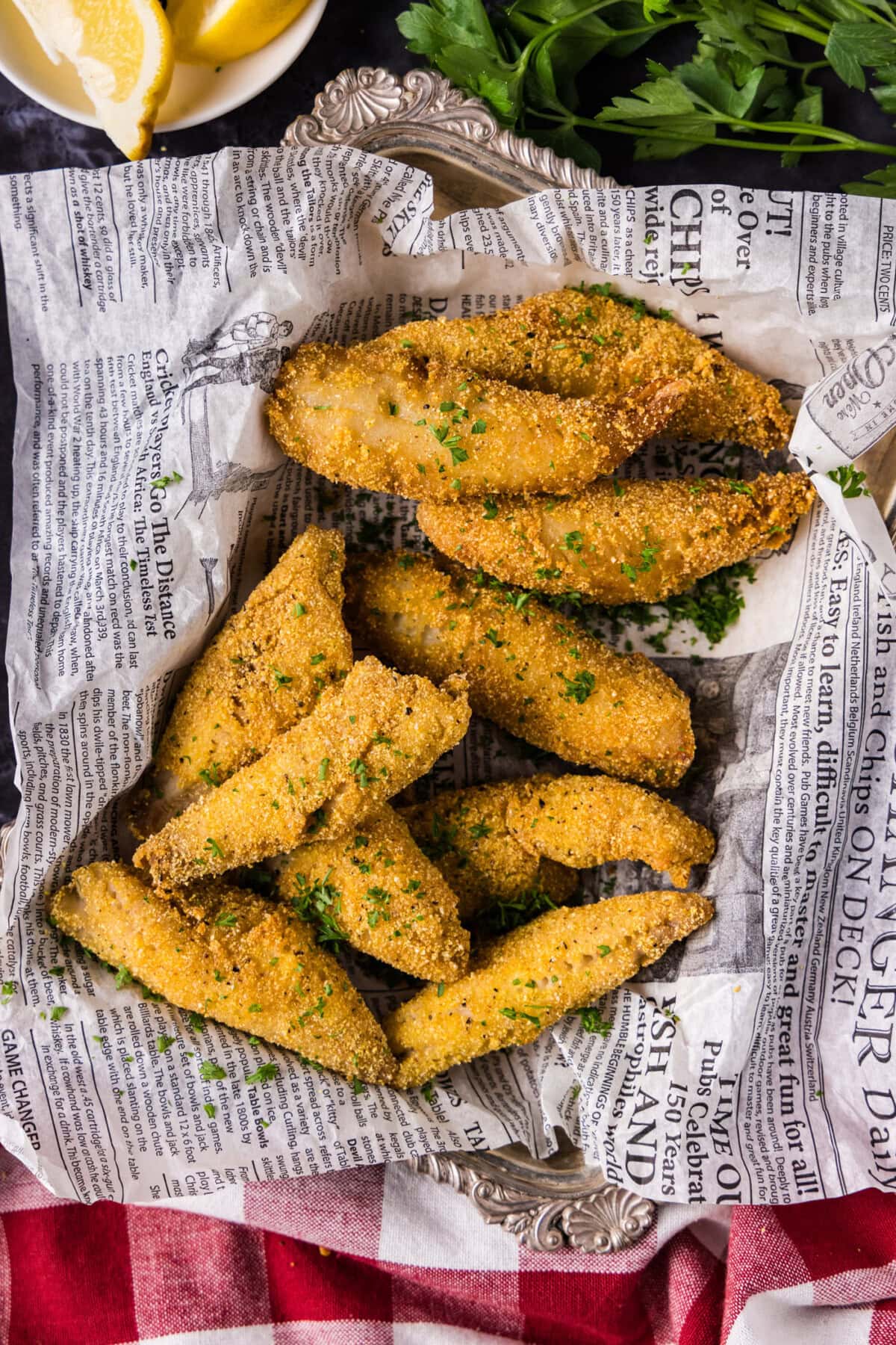 Fried Perch in a basket lined with parchment paper