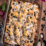 Glazed Lemon Blueberry Cake in a glass baking dish