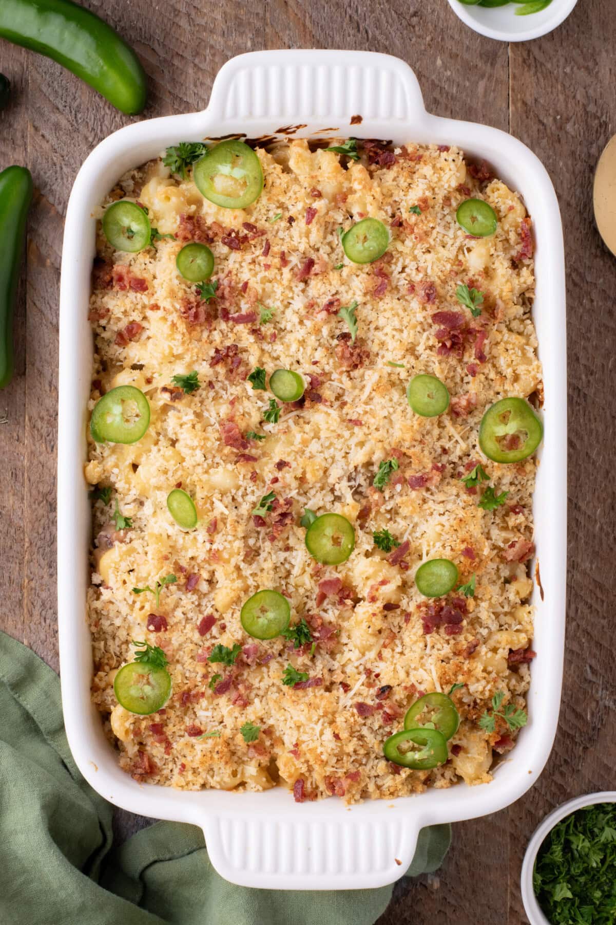Baking dish of Jalapeno Popper Mac and Cheese