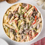 Close up photo of a bowl of Philly Cheesesteak Pasta