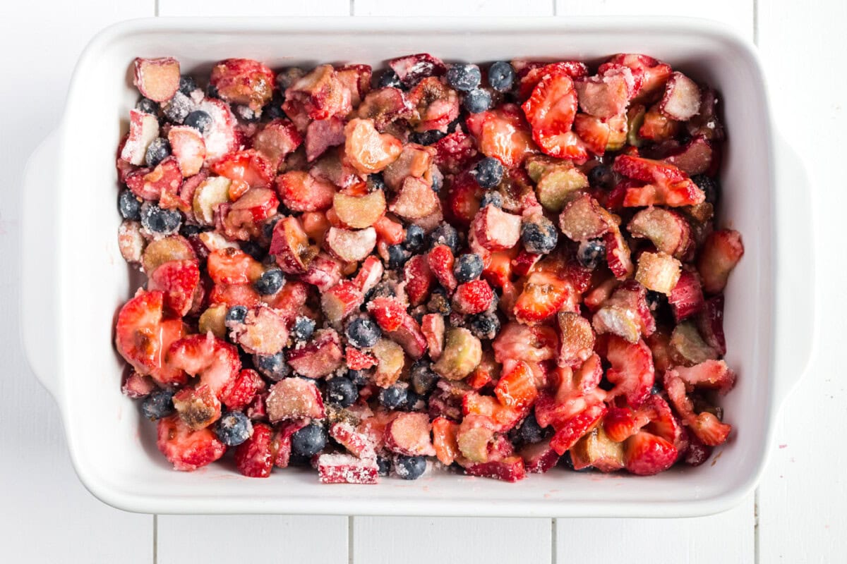 Fruit mixture in a 9x13 baking dish