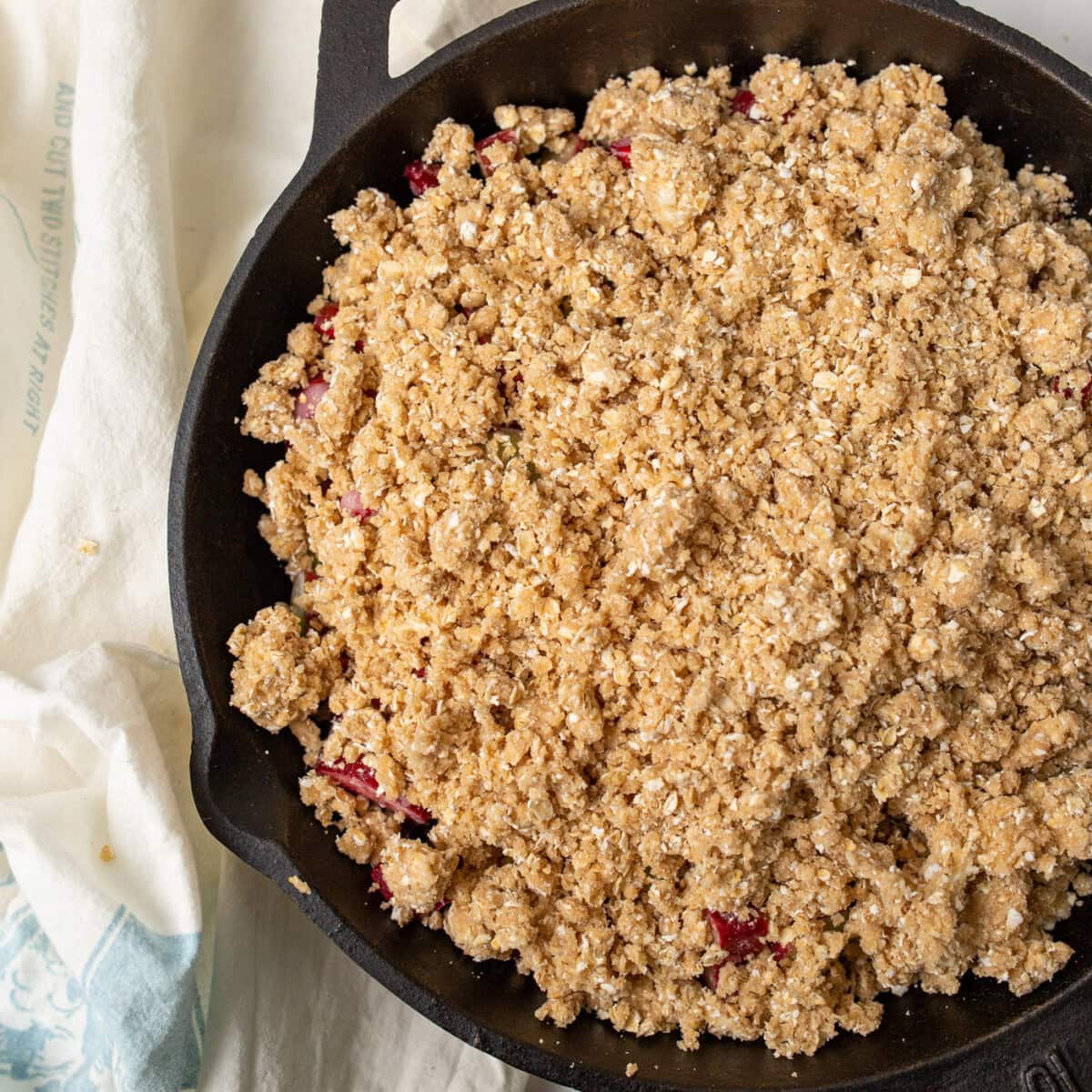 Rhubarb Crisp in a cast iron skillet