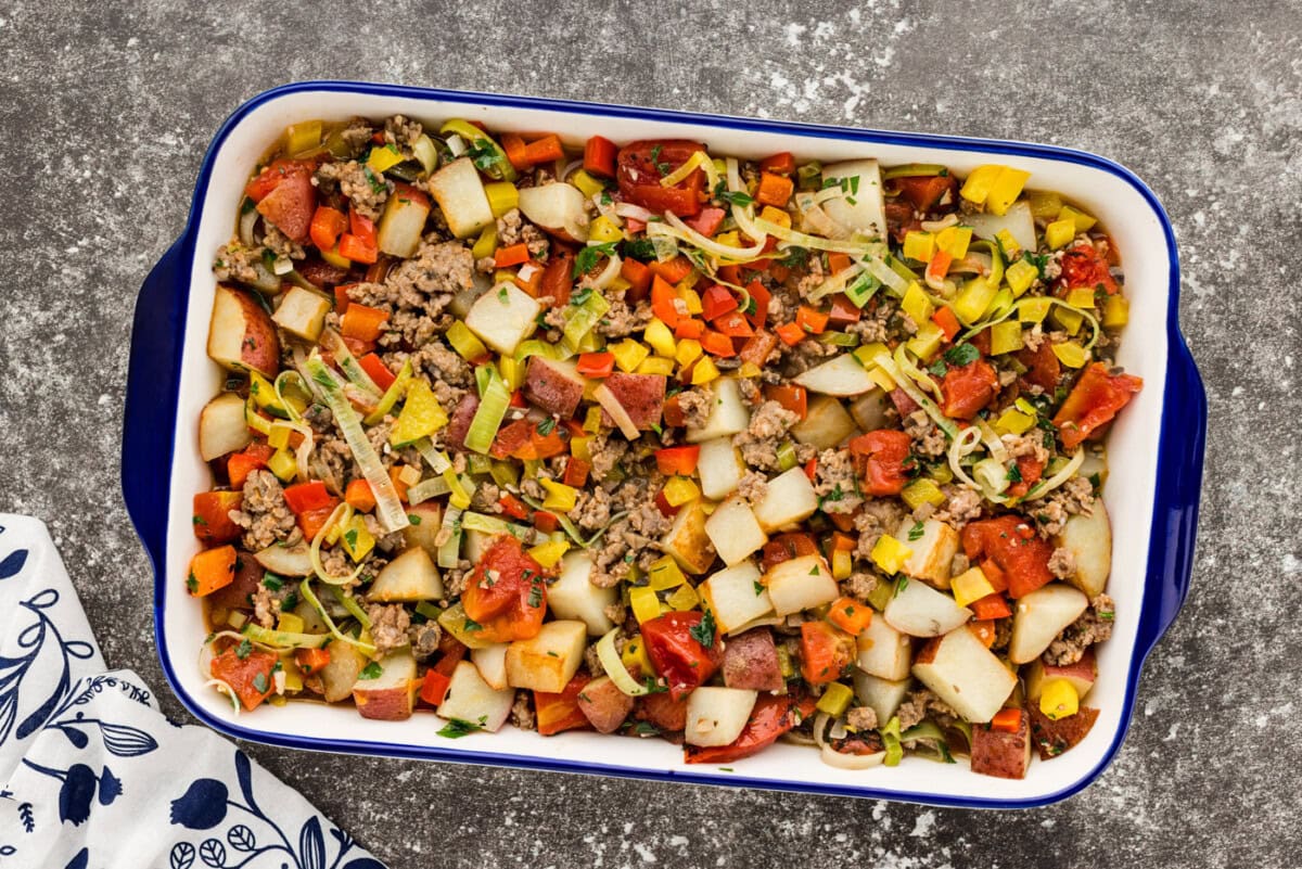 sausage and potato casserole in a dish