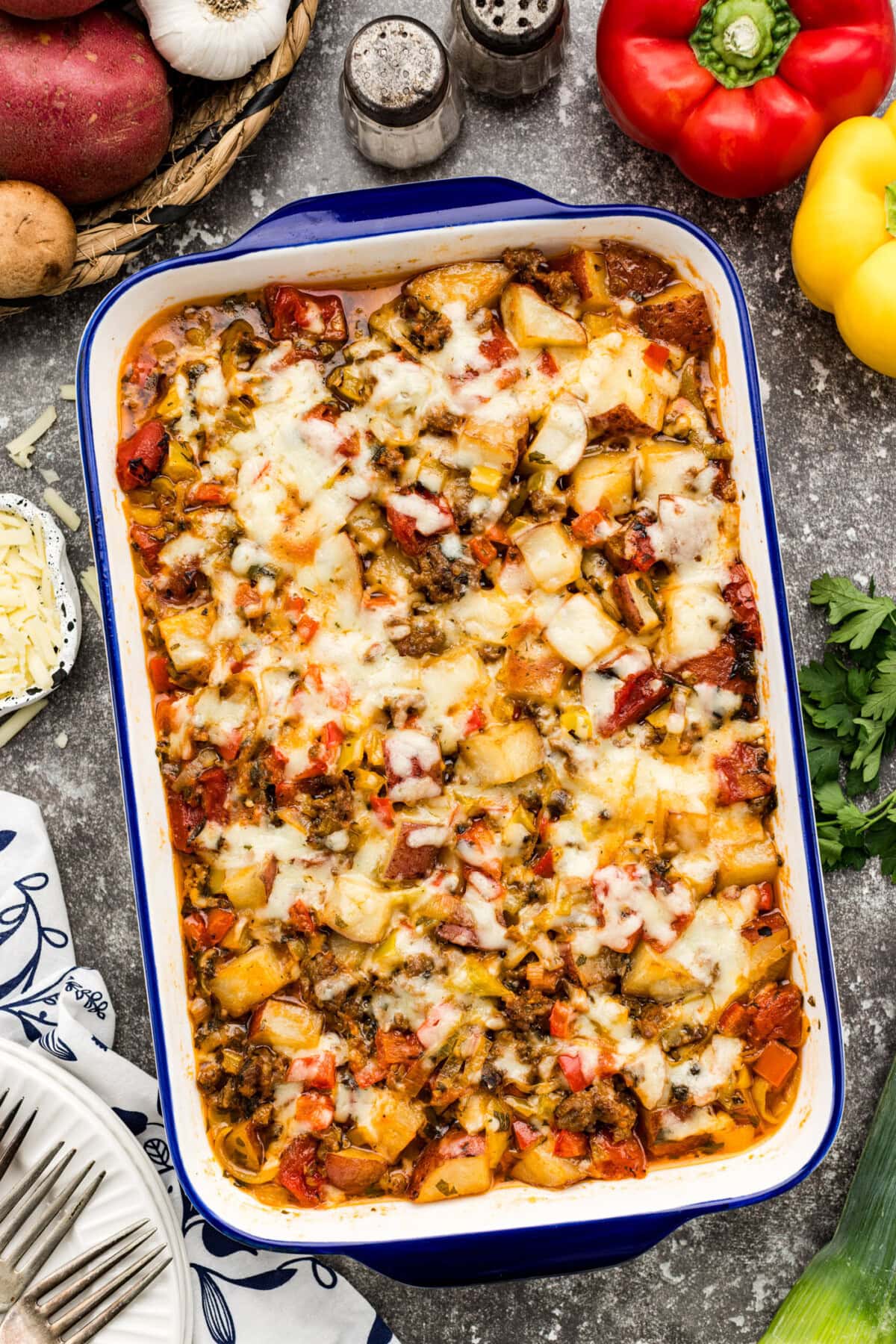 Casserole dish of Sausage and Potato Casserole
