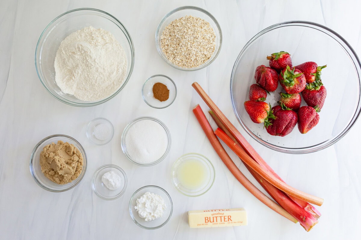 Ingredients for Strawberry Rhubarb Crumble Bars