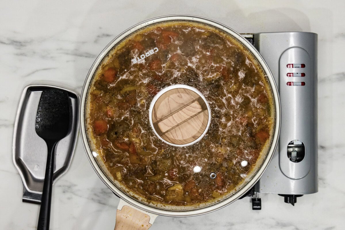 beef curry in a skillet with a lid