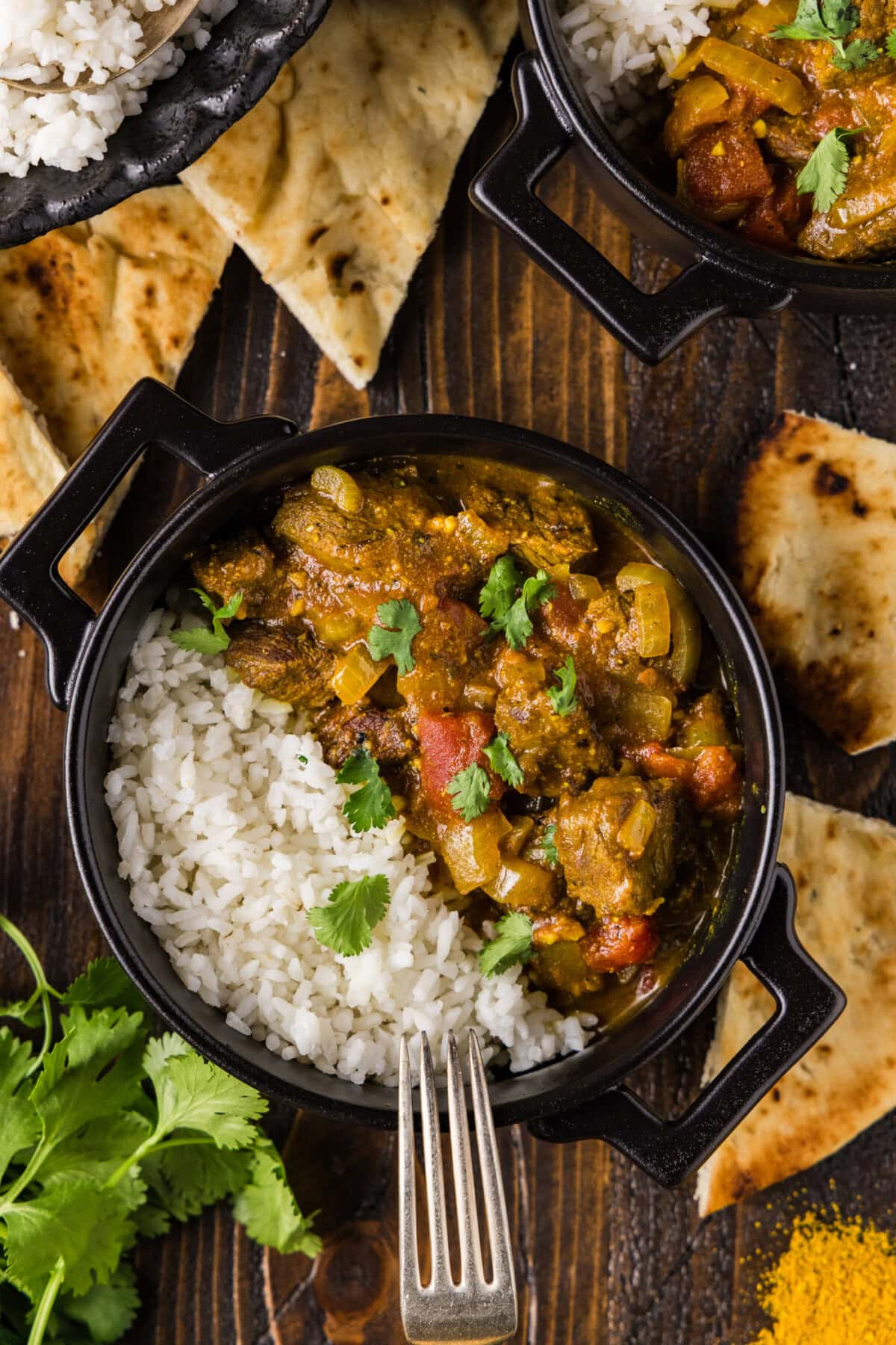 Bowl of Beef Curry and rice with a fork resting to the side