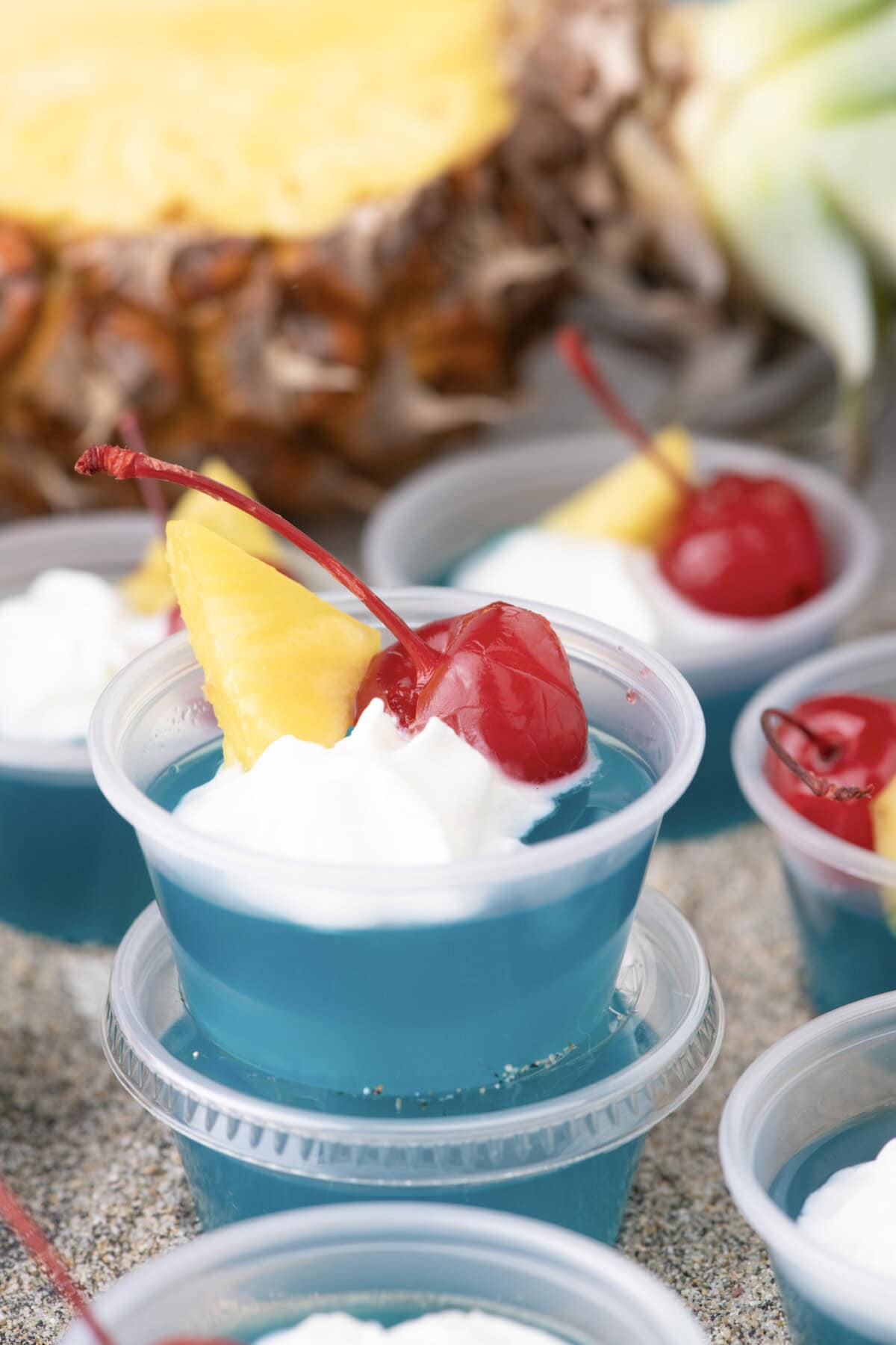 Close up photo of Blue Hawaiian Jello Shots