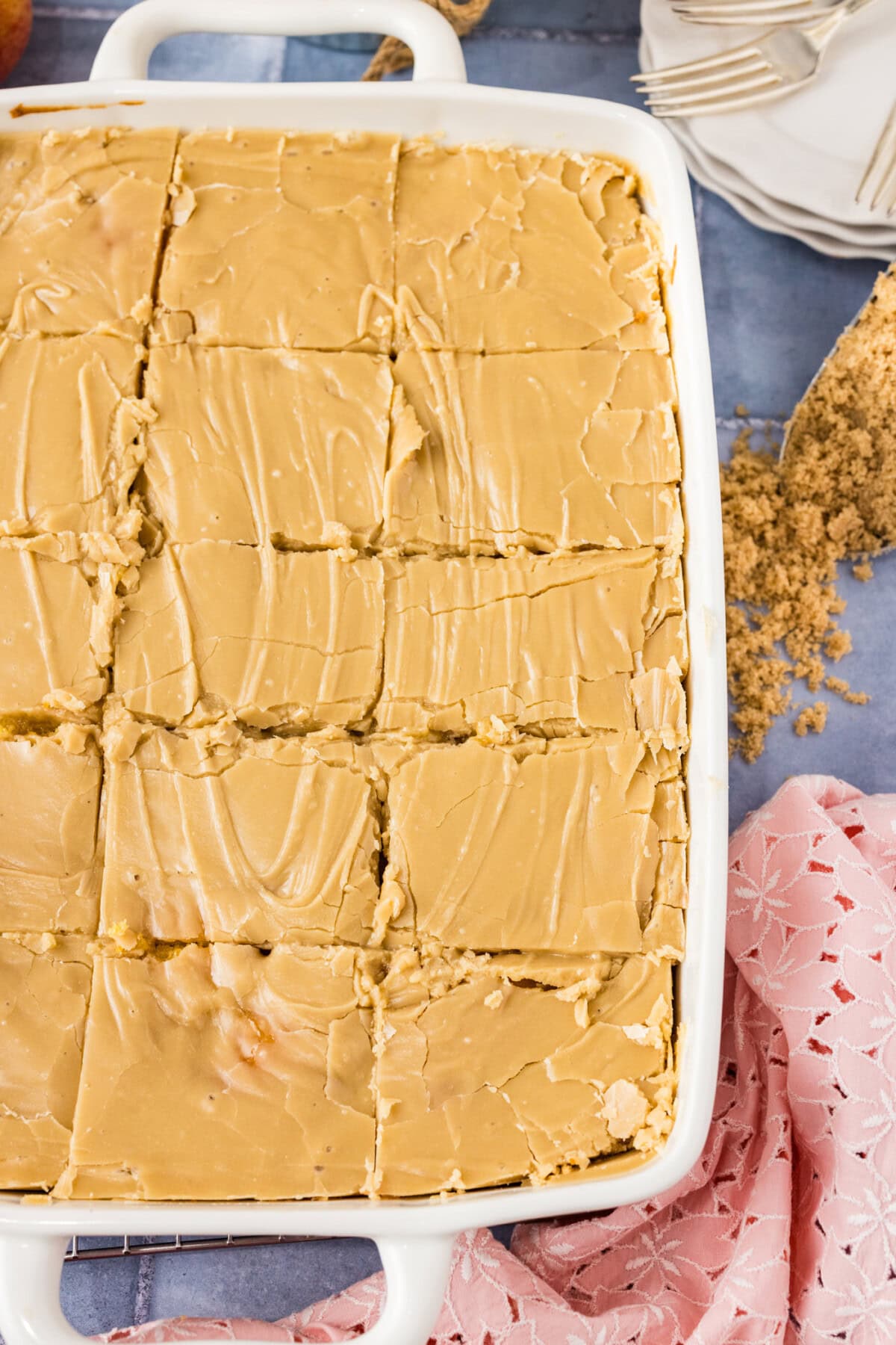 Pan of Brown Sugar Peach Cake cut into slices