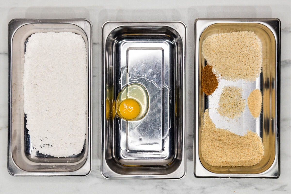 breading trays with flour mixture, egg, and panko mixture