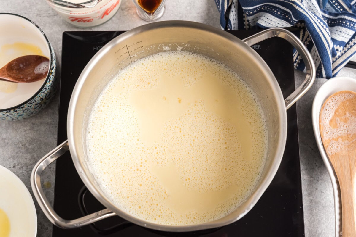 egg and milk mixture in a saucepan