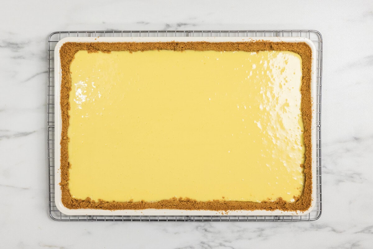 overhead of baked key lime slab pie in a pan