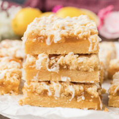 Close up photo of a stack of Lemon Streusel Squares