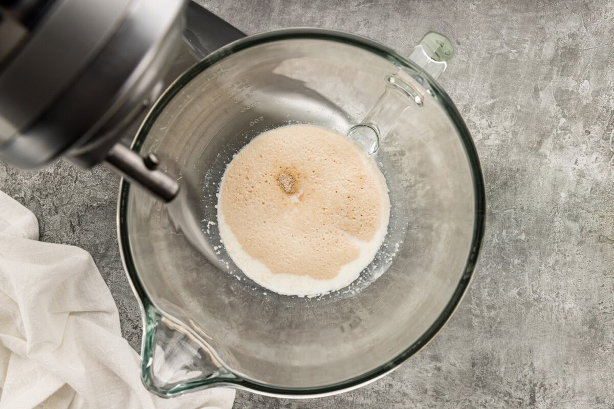 sugar sprinkled over yeast and milk in a bowl